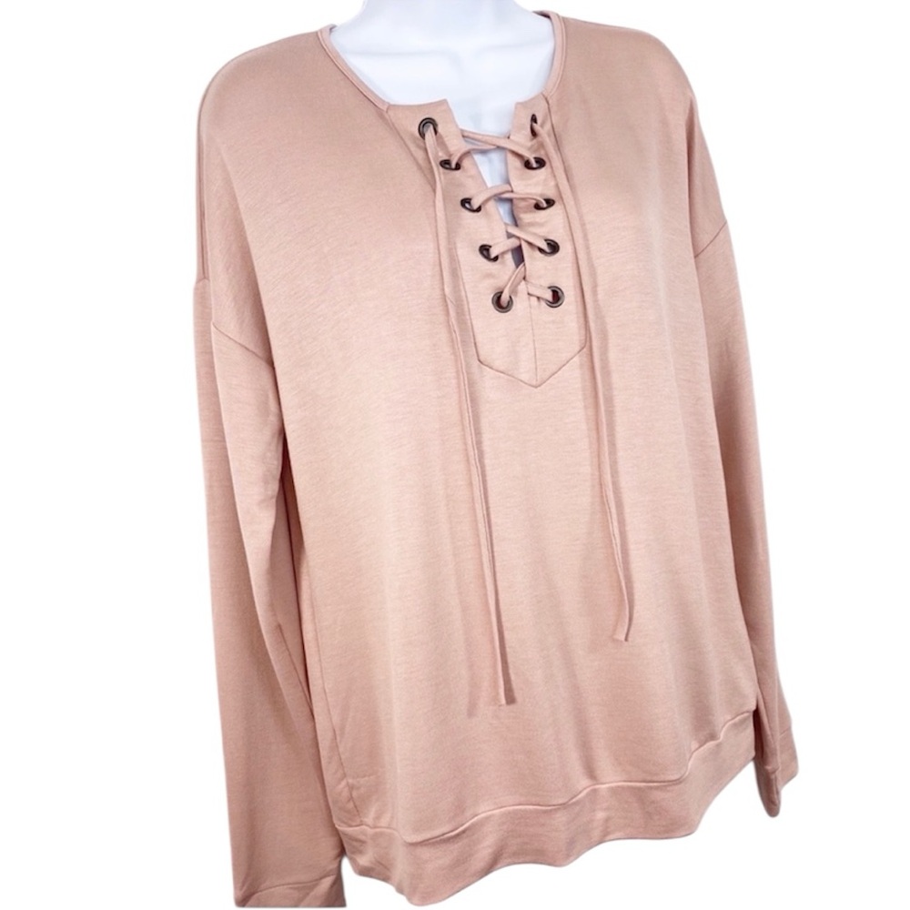12 PM BY MON AMI lace up long sleeve top  L pink - Picture 5 of 9